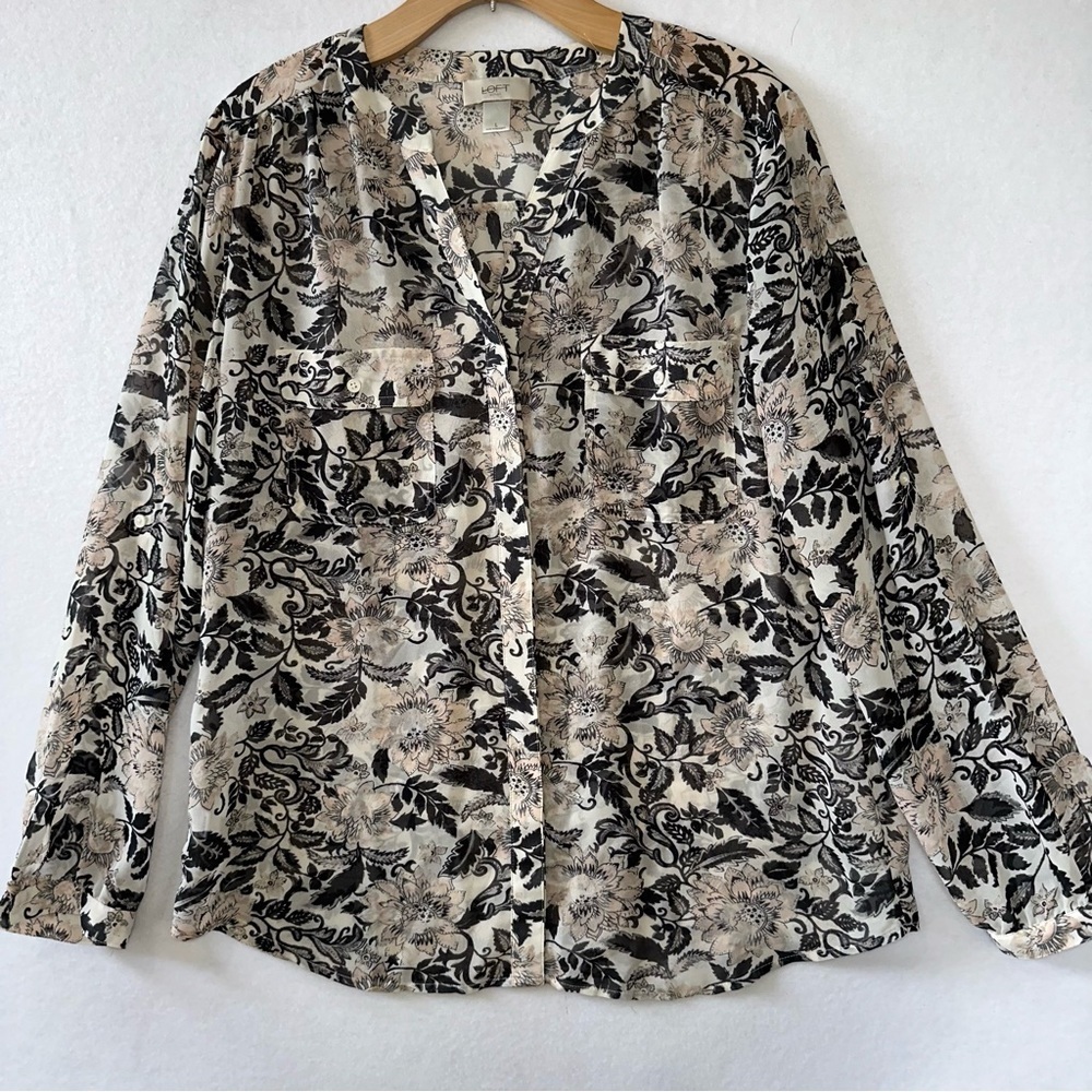 Loft Pink Black V Neck Floral Pullover Roll Tab Sleeve Sheer Large